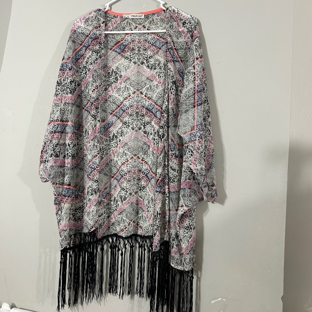 maurices Womens Kimono Sheer Geometric Print Fringe Bohemian Flowy Lightweight